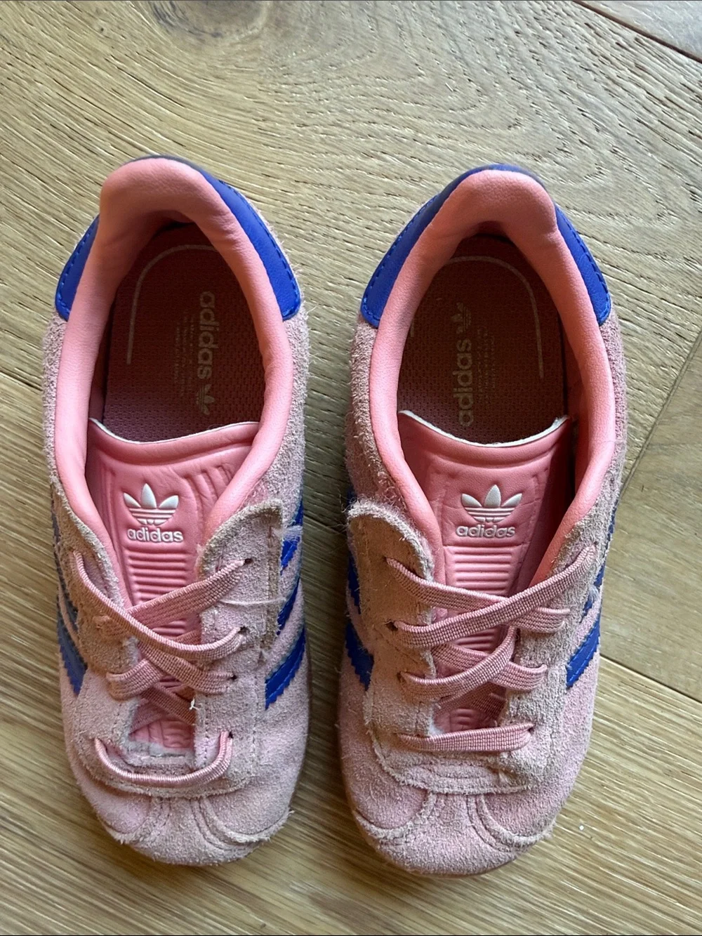 adidas Kids Pink Suede Sneakers with Blue Stripes